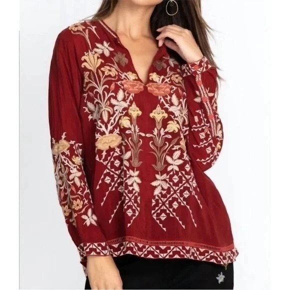 Johnny Was Tops - Johnny Was Wine Red Floral Embroidered V-Neck Blouse